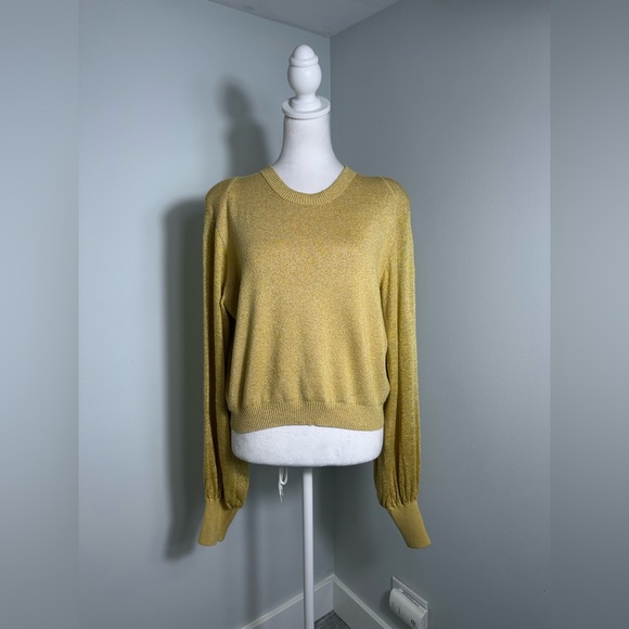 Free People Let it Shine Mustard  Metallic Glitter Ballon Sleeve Light Sweater M - Picture 4 of 16